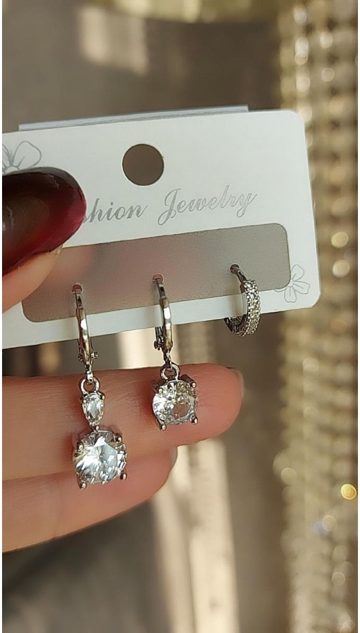 Sİlver Kare Taşlı Üçlü Küpe