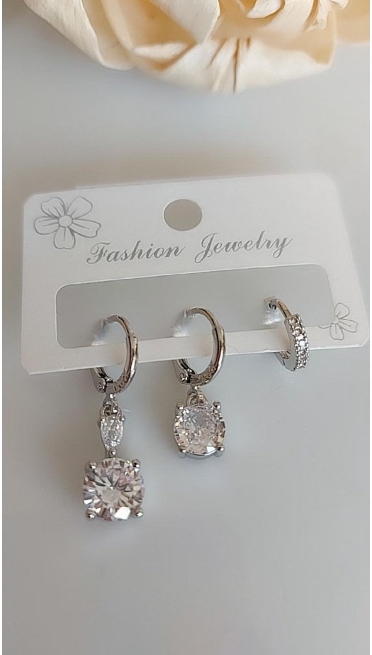 Sİlver Kare Taşlı Üçlü Küpe