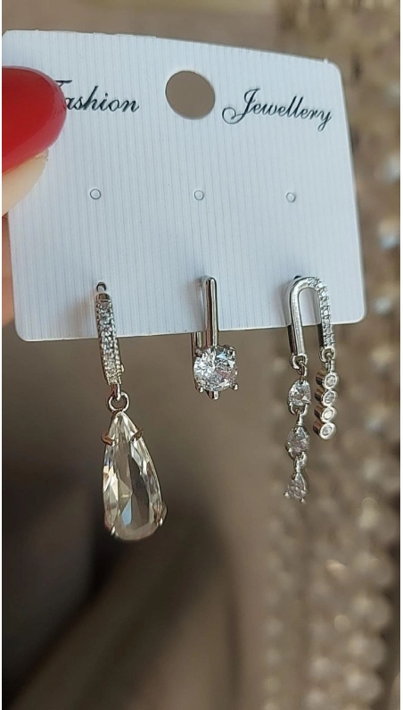 Silver Damla Taş üçlü Küpe