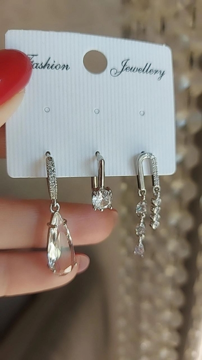 Silver Damla Taş üçlü Küpe 2