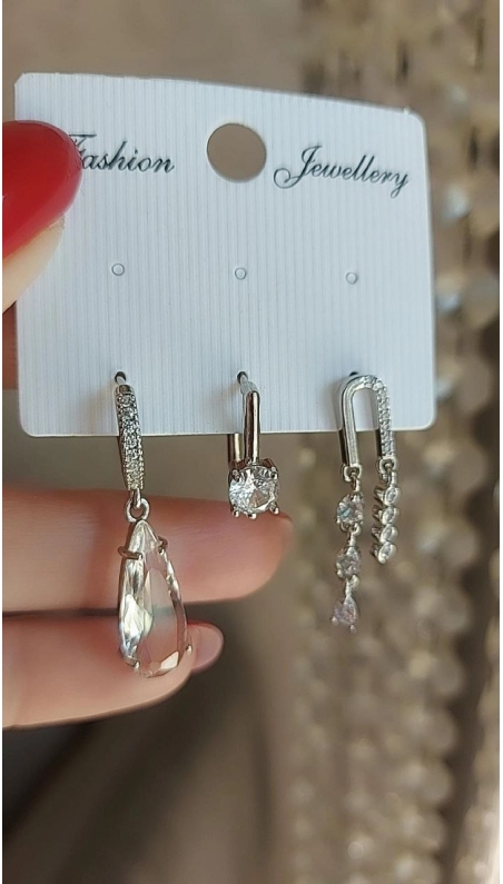 Silver Damla Taş üçlü Küpe