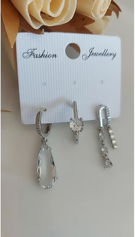 Silver Damla Taş üçlü Küpe